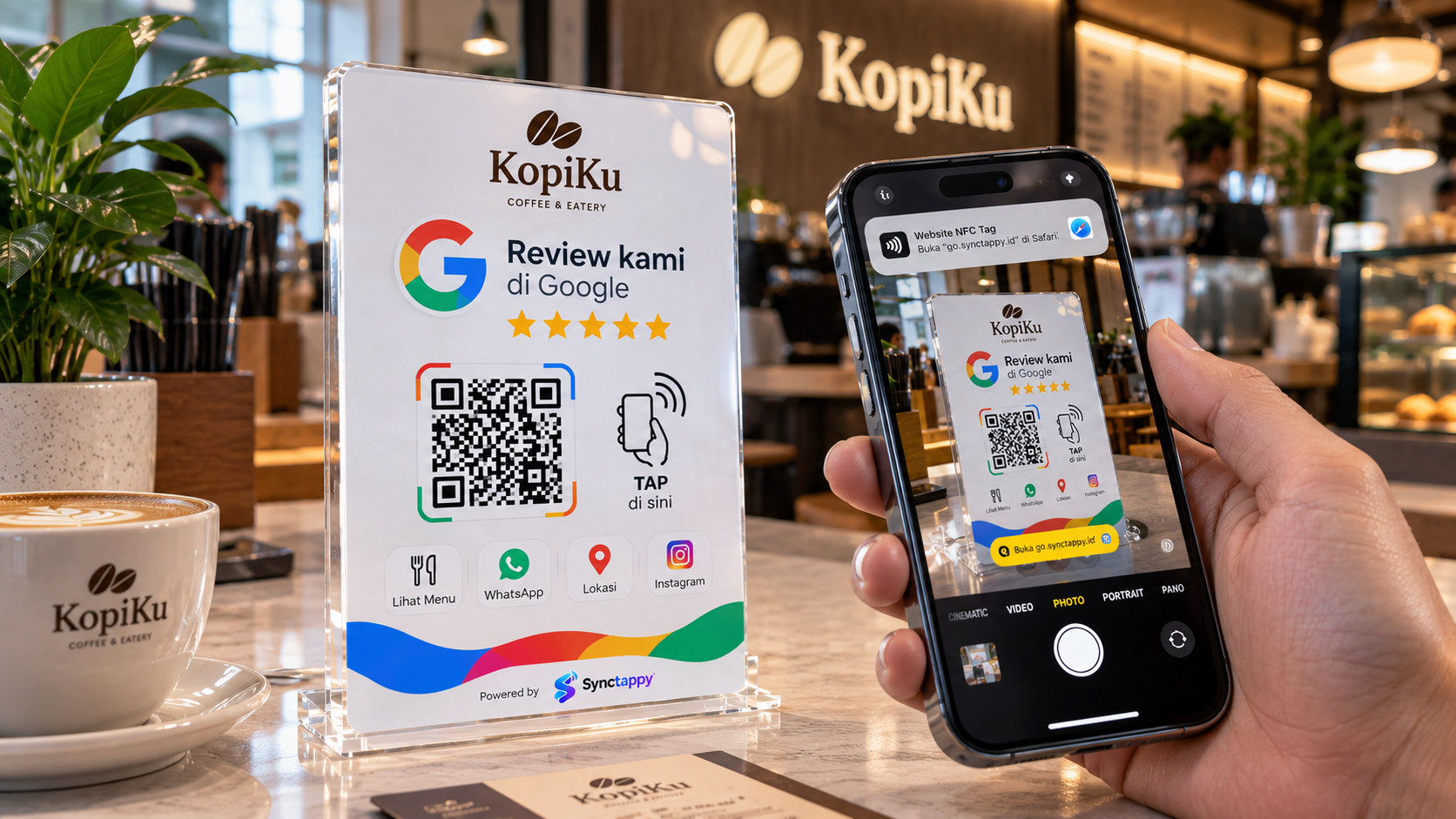 A Synctappy acrylic stand for KopiKu Coffee & Eatery on a café counter with a Google Review QR code and NFC tap area, while a customer scans it with a smartphone.