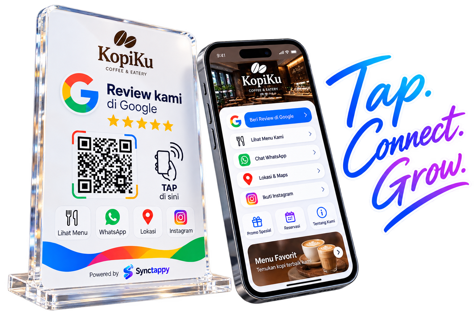 Synctappy acrylic stand for KopiKu with a Google review QR code next to an iPhone showing the KopiKu smart profile, with the handwritten words Tap. Connect. Grow.